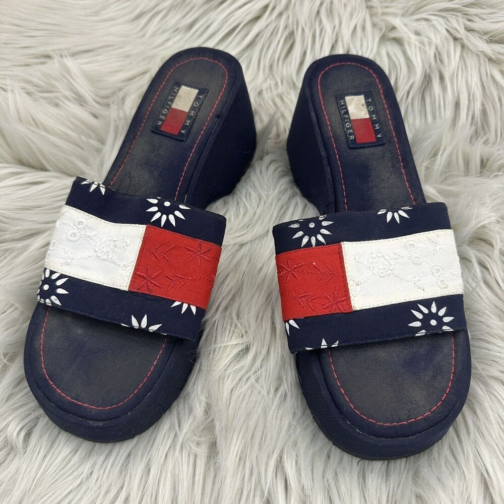 Tommy Hilfiger Women's Platform Slide Sandals Size 8.5 Chunky Y2K Flag Spellout - Picture 2 of 9